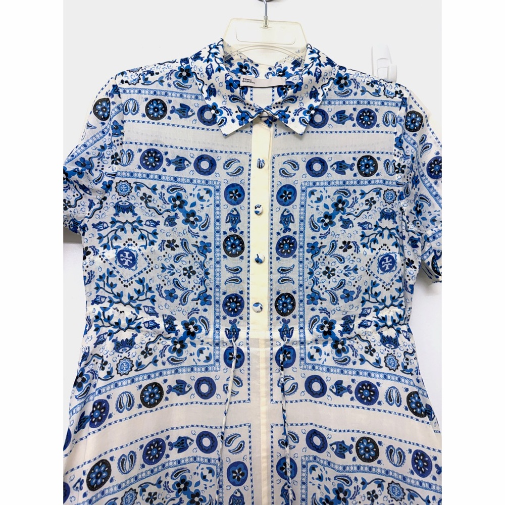 Tory Burch Pisces Dream Printed Shirt Dress Midi Blue Floral Paisley Bandana S - Picture 6 of 16
